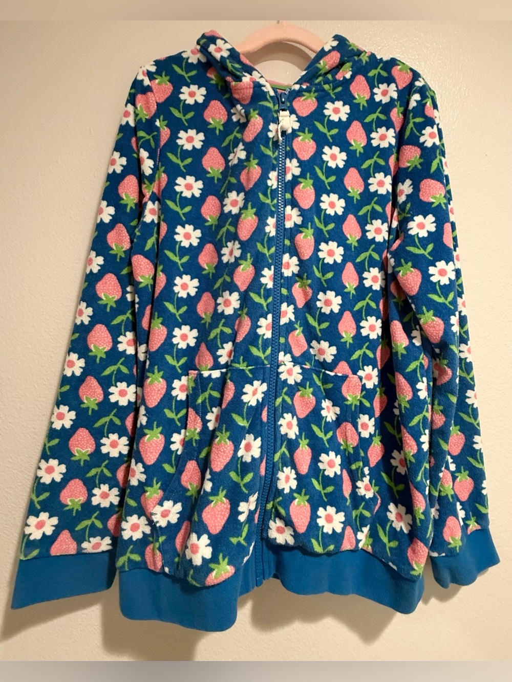 Mini Boden Terrycloth Blue Hooded Zip Coverup with Pink Strawberry Print